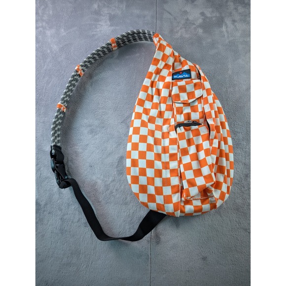 Kavu Handbags - Kavu Rope Bag Orange White Checkered Canvas Sling Crossbody Backpack